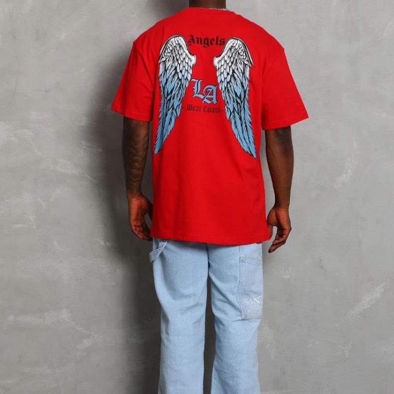 Erkek Baskılı Tişört Kısa Kol Bisiklet Yaka Oversize T-Shirt - Kırmızı