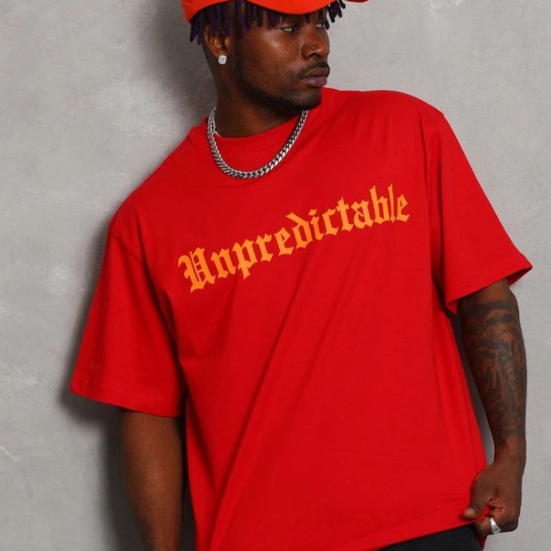 Erkek Baskılı Tişört Kısa Kol Bisiklet Yaka Oversize T-Shirt - Kırmızı