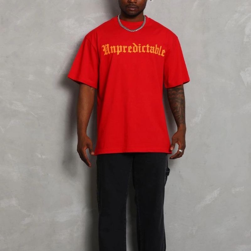 Erkek Baskılı Tişört Kısa Kol Bisiklet Yaka Oversize T-Shirt - Kırmızı