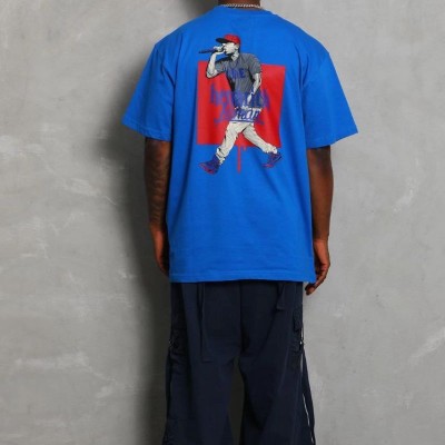 Erkek Baskılı Tişört Kısa Kol Bisiklet Yaka Oversize T-Shirt - Mavi