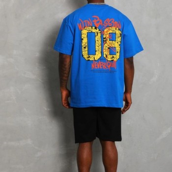 Erkek Baskılı Tişört Kısa Kol Bisiklet Yaka Oversize T-Shirt - Mavi