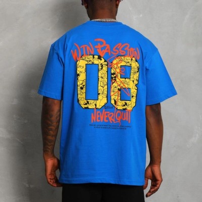 Erkek Baskılı Tişört Kısa Kol Bisiklet Yaka Oversize T-Shirt - Mavi