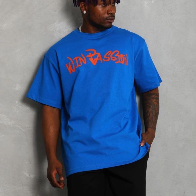 Erkek Baskılı Tişört Kısa Kol Bisiklet Yaka Oversize T-Shirt - Mavi