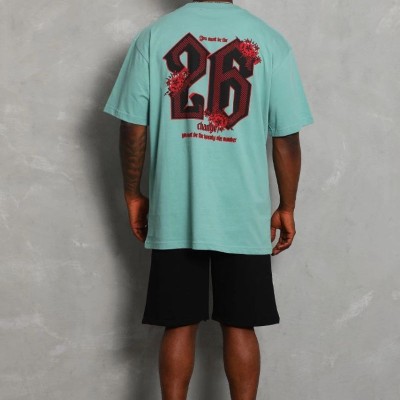 Erkek Baskılı Tişört Kısa Kol Bisiklet Yaka Oversize T-Shirt - Mint Yeşili