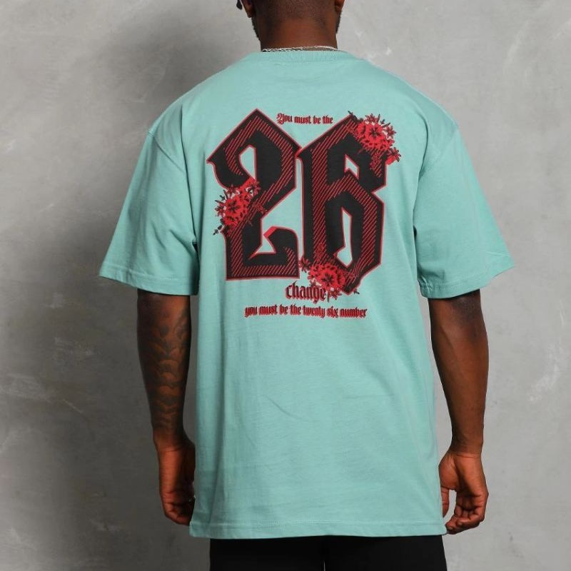 Erkek Baskılı Tişört Kısa Kol Bisiklet Yaka Oversize T-Shirt - Mint Yeşili