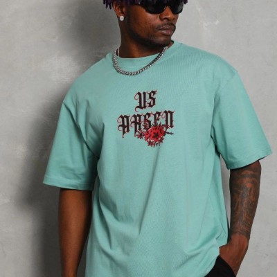 Erkek Baskılı Tişört Kısa Kol Bisiklet Yaka Oversize T-Shirt - Mint Yeşili