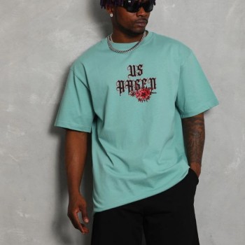 Erkek Baskılı Tişört Kısa Kol Bisiklet Yaka Oversize T-Shirt - Mint Yeşili