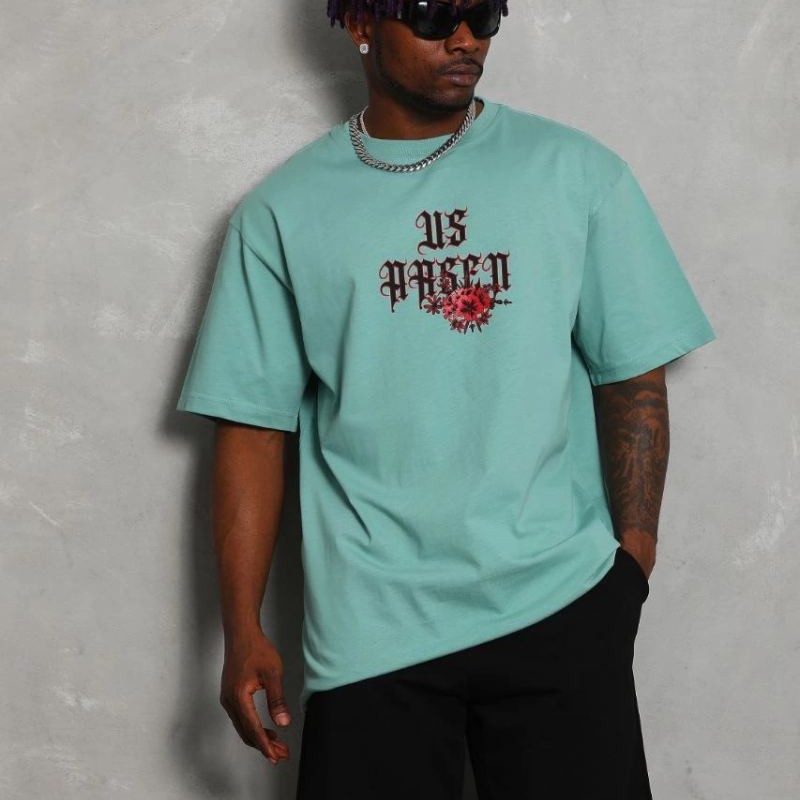 Erkek Baskılı Tişört Kısa Kol Bisiklet Yaka Oversize T-Shirt - Mint Yeşili