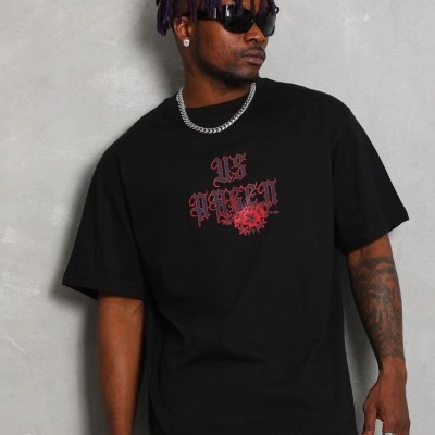 Erkek Baskılı Tişört Kısa Kol Bisiklet Yaka Oversize T-Shirt - Siyah