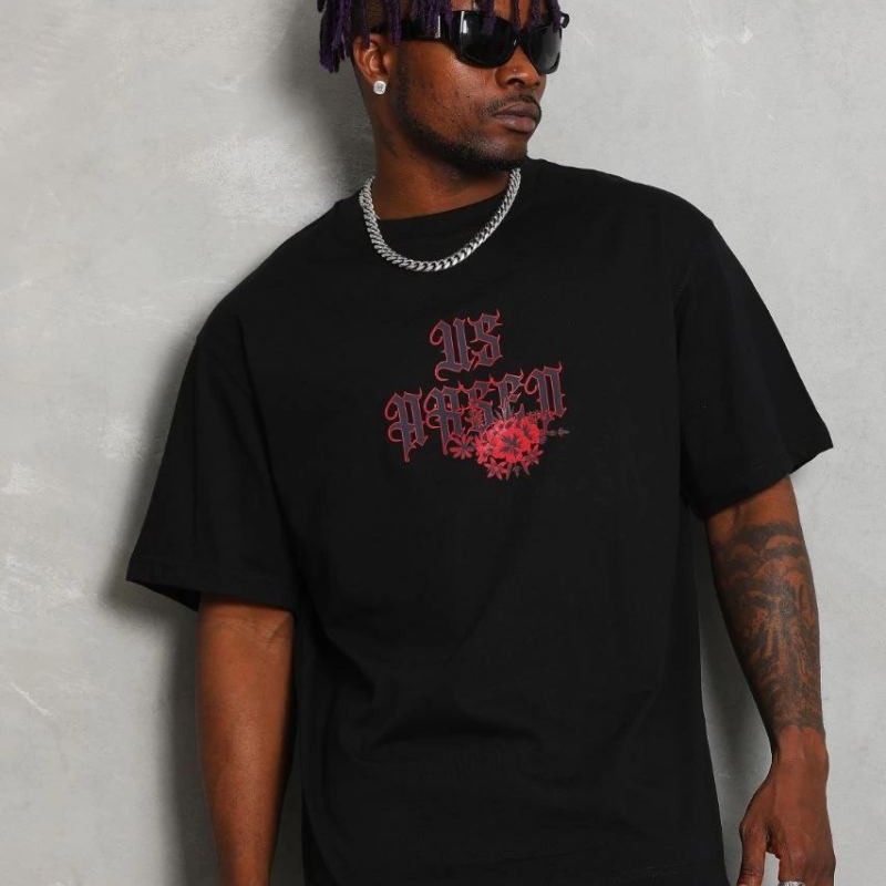 Erkek Baskılı Tişört Kısa Kol Bisiklet Yaka Oversize T-Shirt - Siyah
