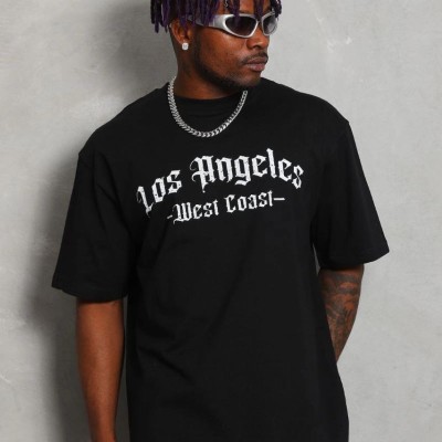 Erkek Baskılı Tişört Kısa Kol Bisiklet Yaka Oversize T-Shirt - Siyah