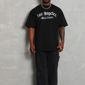 Erkek Baskılı Tişört Kısa Kol Bisiklet Yaka Oversize T-Shirt - Siyah