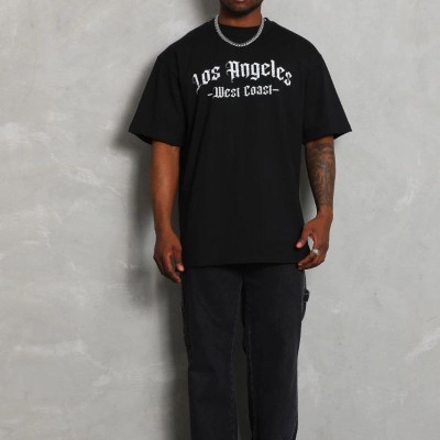 Erkek Baskılı Tişört Kısa Kol Bisiklet Yaka Oversize T-Shirt - Siyah