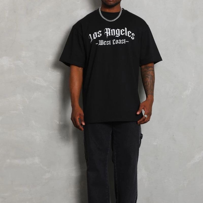 Erkek Baskılı Tişört Kısa Kol Bisiklet Yaka Oversize T-Shirt - Siyah