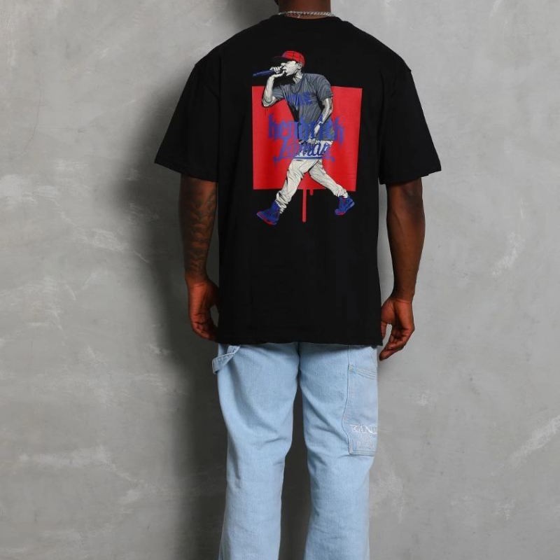 Erkek Baskılı Tişört Kısa Kol Bisiklet Yaka Oversize T-Shirt - - Siyah