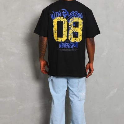 Erkek Baskılı Tişört Kısa Kol Bisiklet Yaka Oversize T-Shirt - Siyah