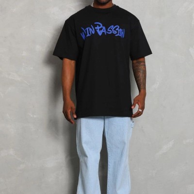 Erkek Baskılı Tişört Kısa Kol Bisiklet Yaka Oversize T-Shirt - Siyah