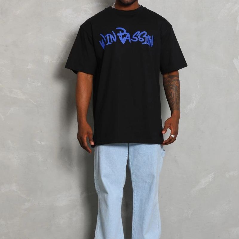 Erkek Baskılı Tişört Kısa Kol Bisiklet Yaka Oversize T-Shirt - Siyah