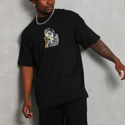 Erkek Baskılı Tişört Kısa Kol Bisiklet Yaka Oversize T-Shirt - Siyah