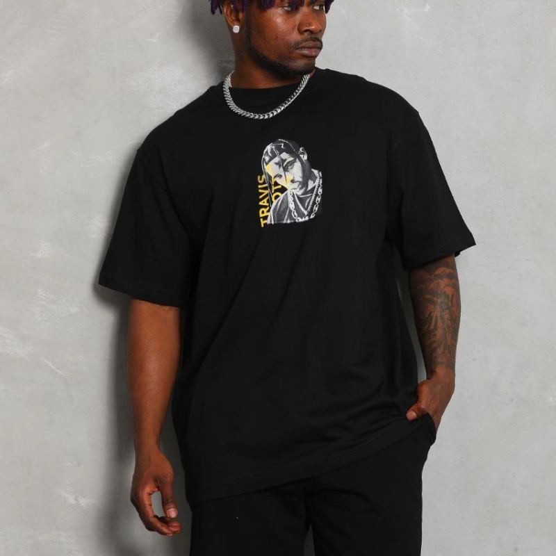Erkek Baskılı Tişört Kısa Kol Bisiklet Yaka Oversize T-Shirt - Siyah