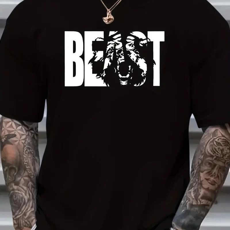 Erkek Baskılı Tişört Kısa Kol Bisiklet Yaka Oversize T-Shirt - Siyah