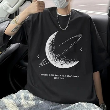 Erkek Baskılı Tişört Kısa Kol Bisiklet Yaka Oversize T-Shirt - - Siyah
