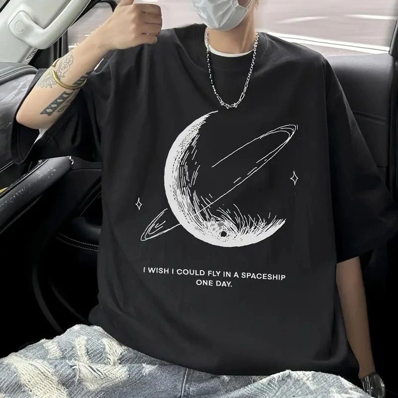 Erkek Baskılı Tişört Kısa Kol Bisiklet Yaka Oversize T-Shirt - - Siyah