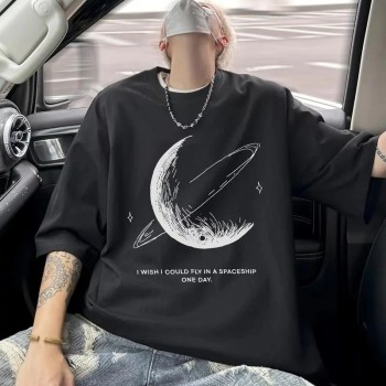 Erkek Baskılı Tişört Kısa Kol Bisiklet Yaka Oversize T-Shirt - - Siyah
