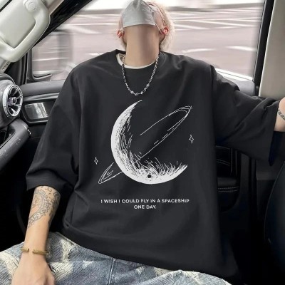 Erkek Baskılı Tişört Kısa Kol Bisiklet Yaka Oversize T-Shirt - - Siyah