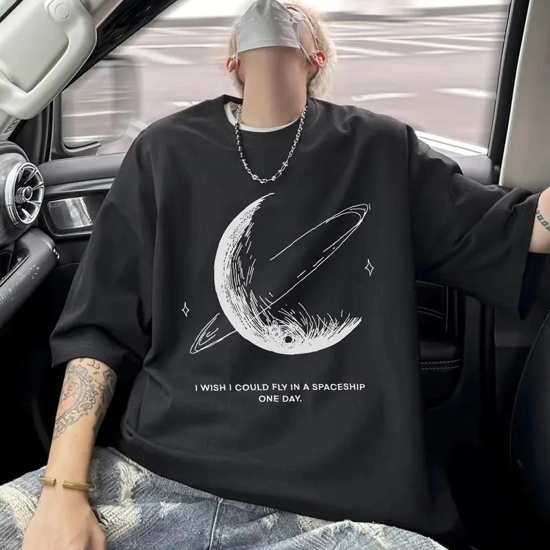 Erkek Baskılı Tişört Kısa Kol Bisiklet Yaka Oversize T-Shirt - - Siyah