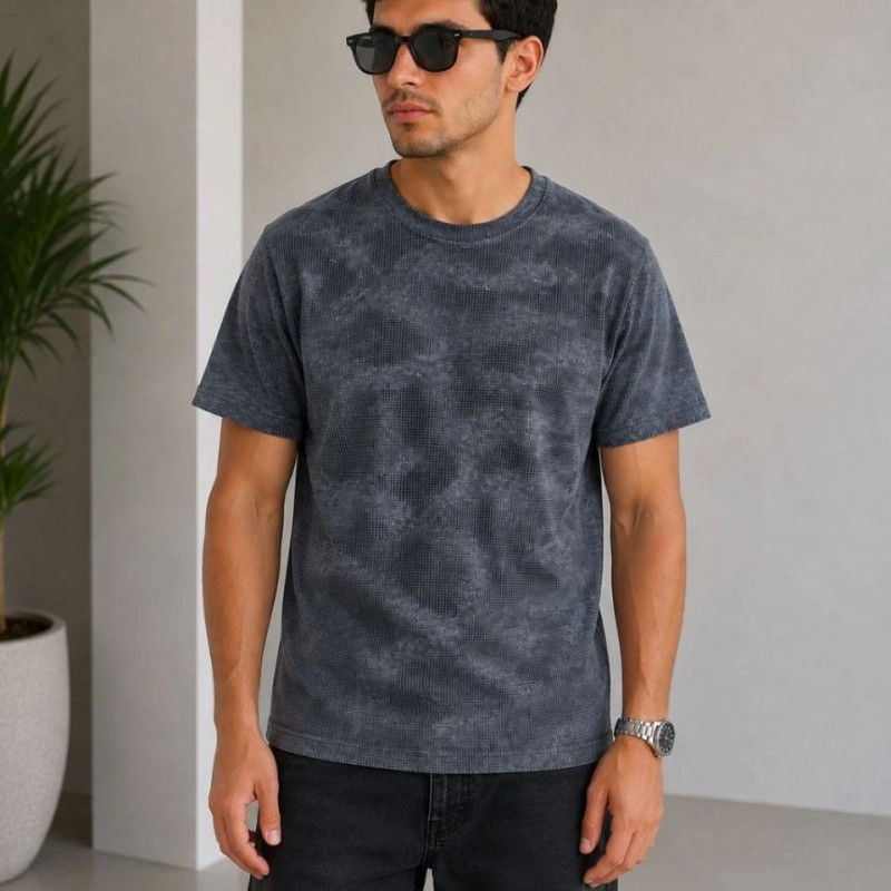 Erkek Batik Desenli Tişört Bisiklet Yaka Kısa Kol Regular Fit T-shirt - Füme
