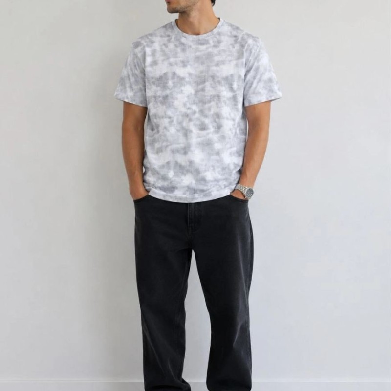 Erkek Batik Desenli Tişört Bisiklet Yaka Kısa Kol Regular Fit T-shirt - Gri