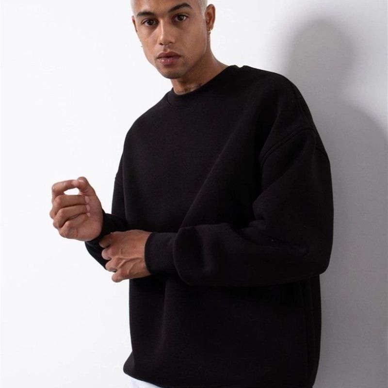 ERKEK Bisikilet Yaka 3 İplik Pamuklu SweatShirt - Siyah
