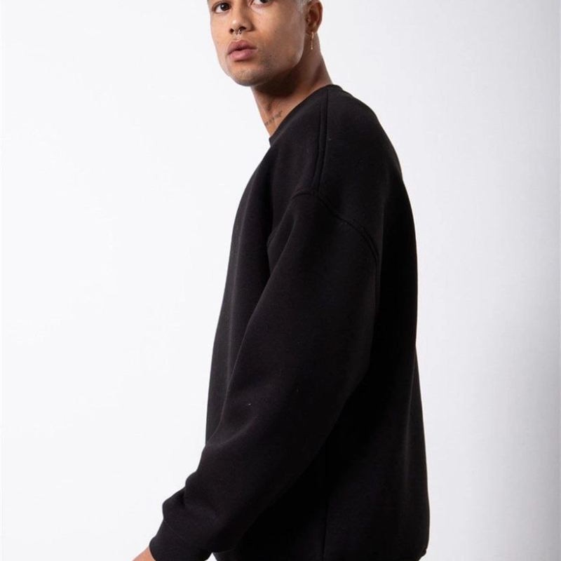 ERKEK Bisikilet Yaka 3 İplik Pamuklu SweatShirt - Siyah