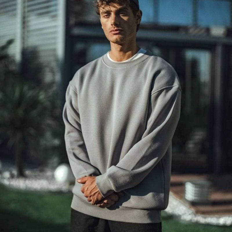 Erkek Bisiklet Yaka 3 İplik pamuklu Basic SweatShirt - Boyalı Gri