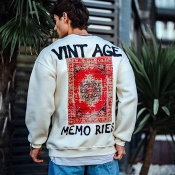 Erkek Bisiklet Yaka 3 İplik pamuklu Baskılı SweatShirt - Beyaz