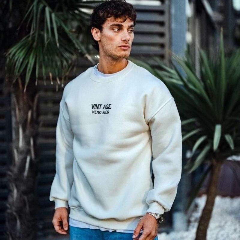 Erkek Bisiklet Yaka 3 İplik pamuklu Baskılı SweatShirt - Beyaz