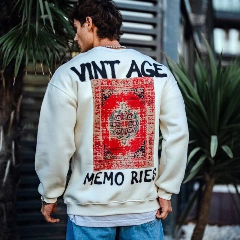 Erkek Bisiklet Yaka 3 İplik pamuklu Baskılı SweatShirt - Beyaz