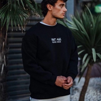 Erkek Bisiklet Yaka 3 İplik Pamuklu Baskılı SweatShirt - Siyah