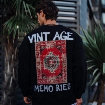 Erkek Bisiklet Yaka 3 İplik Pamuklu Baskılı SweatShirt - Siyah