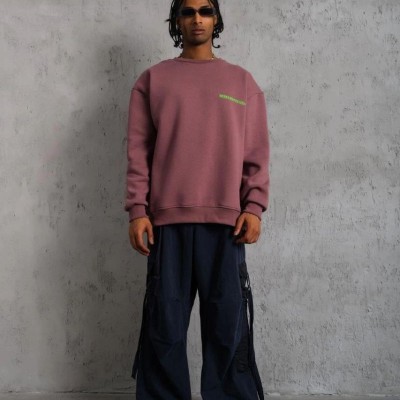 Erkek Bisiklet Yaka Baskılı 3 iplik pamuklu Sweatshirt - Gül Kurusu