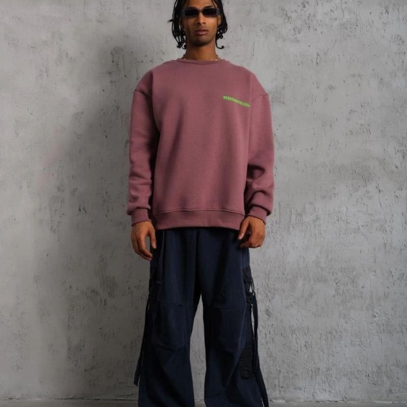 Erkek Bisiklet Yaka Baskılı 3 iplik pamuklu Sweatshirt - Gül Kurusu