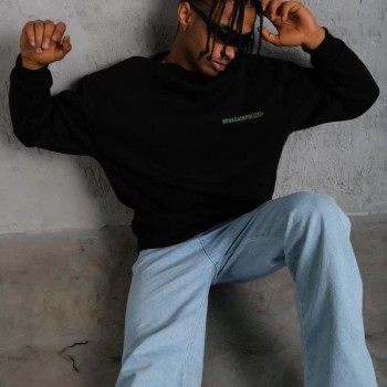 Erkek Bisiklet Yaka Baskılı 3 iplik pamuklu Sweatshirt - Siyah