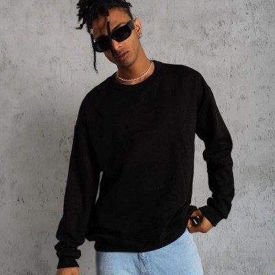 Erkek Bisiklet Yaka Baskılı 3 İplik Pamuklu Sweatshirt -  Siyah