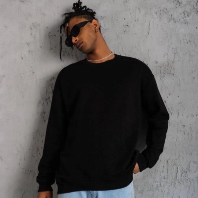 Erkek Bisiklet Yaka Baskılı 3 İplik Pamuklu Sweatshirt -  Siyah