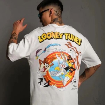 Erkek Bisiklet Yaka Baskılı Oversize Kısa kol T-Shirt - Beyaz