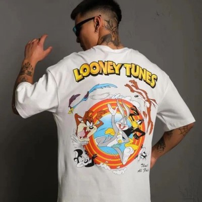 Erkek Bisiklet Yaka Baskılı Oversize Kısa kol T-Shirt - Beyaz
