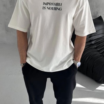 Erkek Bisiklet Yaka Baskılı Oversize  Kısa kol T-Shirt - Beyaz