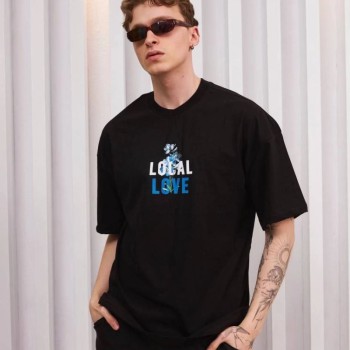 ERKEK Bisiklet Yaka Baskılı Oversize Kısa kol T-Shirt - Siyah