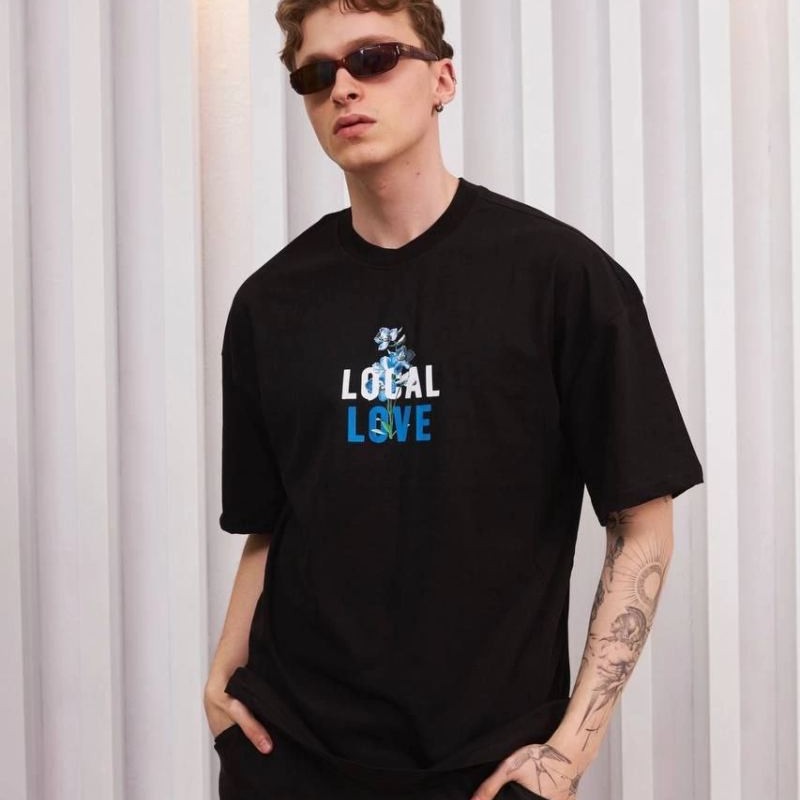 ERKEK Bisiklet Yaka Baskılı Oversize Kısa kol T-Shirt - Siyah